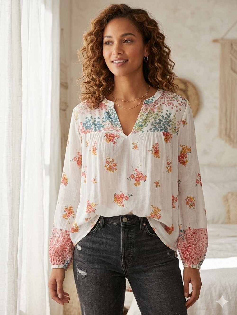 Lucky Brand Floral Gauzy Peasant Blouse in White with Multi-Color Print Size 1X